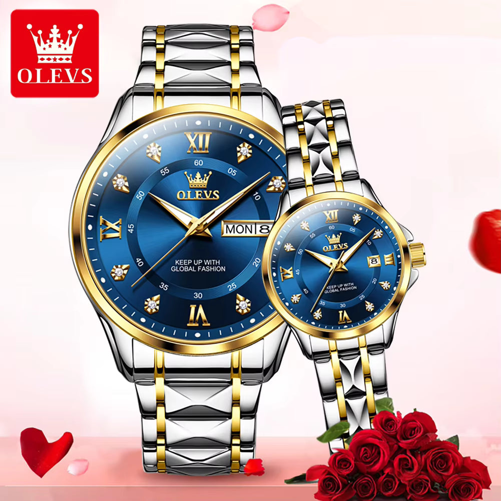 OLEVS 2906 Fashion Date Quartz Couple Watches Diamond Top Brand Luxury Watch For Men Women Waterproof Stainless Steel Wristwatch